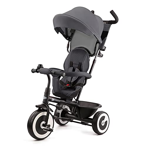 Tricicletă Kinderkraft ASTON de la 9 luni până la 25 kg, tricicletă pentru copii cu bară de împingere, scaun rotativ pentru deplasare înainte și înapoi, copertina pliabilă cu protecție solară, coș pentru suport pentru băuturi într-un set, roz