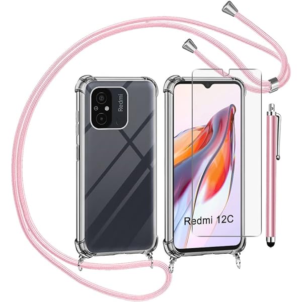 TTSWJBD Lanț de telefon mobil pentru husă Xiaomi Redmi 12C cu folie de protecție pentru ecran, husă colier pentru telefon mobil cu cablu detașabil pentru agățat în jurul gâtului, husă de protecție din silicon transparent cu curea roz