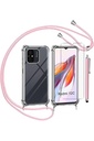 TTSWJBD Lanț de telefon mobil pentru husă Xiaomi Redmi 12C cu folie de protecție pentru ecran, husă colier pentru telefon mobil cu cablu detașabil pentru agățat în jurul gâtului, husă de protecție din silicon transparent cu curea roz