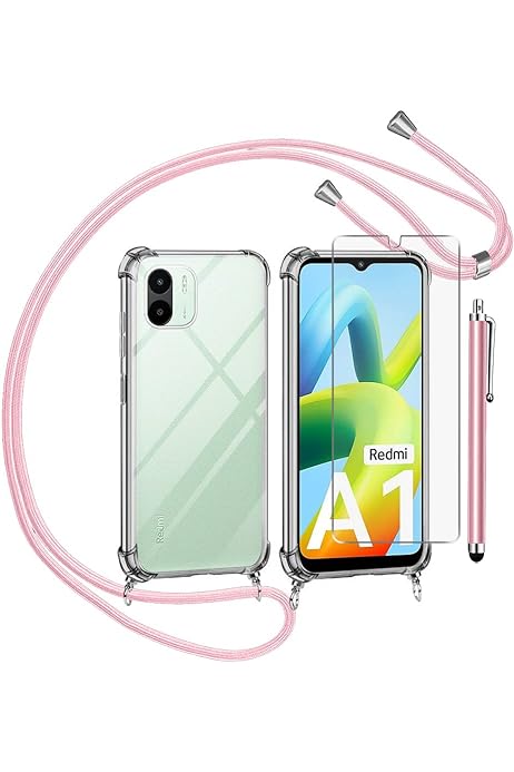TTSWJBD Lanț de telefon mobil pentru husă Xiaomi Redmi 12C cu folie de protecție pentru ecran, husă colier pentru telefon mobil cu cablu detașabil pentru agățat în jurul gâtului, husă de protecție din silicon transparent cu curea roz