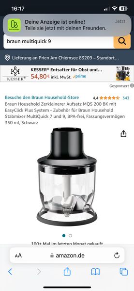 Accesoriu pentru tocator de uz casnic Braun MQS 200 BK cu sistem EasyClick Plus - accesoriu pentru blender de mana Braun Household MultiQuick 7 si 9, fara BPA, capacitate 350 ml, negru