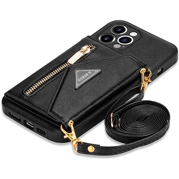 Husă GUVAGI pentru iPhone 13 Pro Max cu curea, husă pentru telefon mobil pentru iPhone 13 Pro Max, husă din piele Husă cu clapetă cu fermoar Husă de protecție rezistentă la șocuri Magnet Estetică pentru fete Husă pentru telefon mobil cu gât cu lanț (negru)