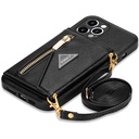 Husă GUVAGI pentru iPhone 13 Pro Max cu curea, husă pentru telefon mobil pentru iPhone 13 Pro Max, husă din piele Husă cu clapetă cu fermoar Husă de protecție rezistentă la șocuri Magnet Estetică pentru fete Husă pentru telefon mobil cu gât cu lanț (negru)