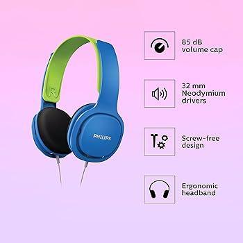 Căști peste ureche pentru copii Philips SHK2000BL/00, lumini cu LED-uri colorate, limitare a volumului 85 dB, izolare zgomotă, cu pernițe moi pentru urechi, bandă ergonomică (albastru)