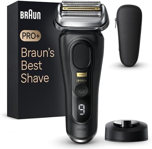 Aparat de ras Braun Series 9 Pro+ pentru barbati, aparat de ras electric cu 5 elemente de ras Pro, aparat de tuns par lung ProTrimmer, statie de incarcare, timp de functionare 60 min, umed si uscat, 9517s, argintiu