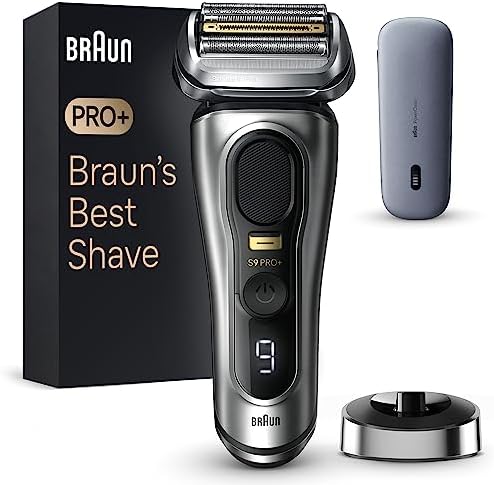 Aparat de ras Braun Series 9 Pro+ pentru barbati, aparat de ras electric cu 5 elemente de ras Pro, aparat de tuns par lung ProTrimmer, statie de incarcare, timp de functionare 60 min, umed si uscat, 9517s, argintiu