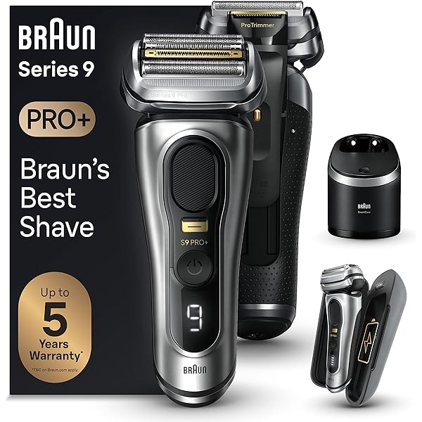Aparat de ras Braun Series 9 Pro+ pentru barbati, aparat de ras electric cu 5 elemente de ras Pro, aparat de tuns par lung ProTrimmer, statie de incarcare, timp de functionare 60 min, umed si uscat, 9517s, argintiu