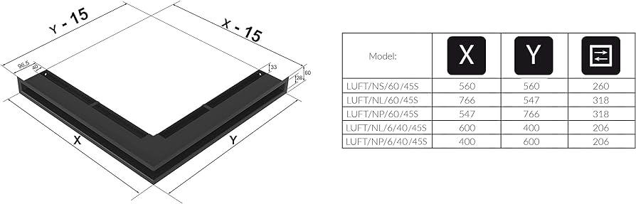 Grilă de ventilație KRATKI, Grilă pentru șemineu colț stânga, 766 x 547 x 60 mm, neagră, Grilă de evacuare a aerului pentru ventilarea șemineului, admisie aer la un unghi de 45 de grade, ideală pentru interioare moderne
