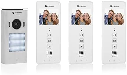 Sistem video interfon Smartwares DIC-22132 pentru 3 unități rezidențiale, monitor LCD de 3,5 inchi (8,9 cm)/cu funcție de deschidere a ușii/tehnologie cu 2 fire, argintiu