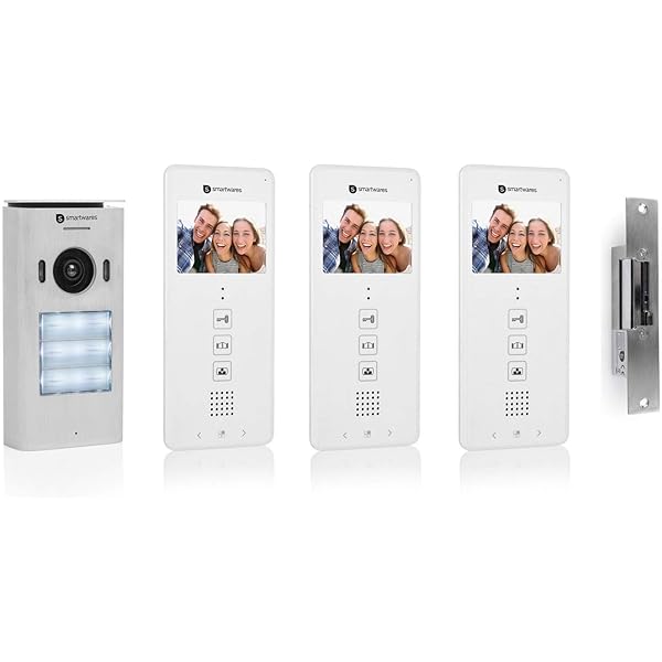 Sistem video interfon Smartwares DIC-22132 pentru 3 unități rezidențiale, monitor LCD de 3,5 inchi (8,9 cm)/cu funcție de deschidere a ușii/tehnologie cu 2 fire, argintiu