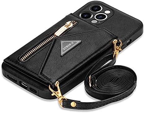 Husă GUVAGI pentru iPhone 13 Pro Max cu curea, husă pentru telefon mobil pentru iPhone 13 Pro Max, husă din piele Husă cu clapetă cu fermoar Husă de protecție rezistentă la șocuri Magnet Estetică pentru fete Husă pentru telefon mobil cu gât cu lanț (negru)