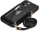 Husă GUVAGI pentru iPhone 13 Pro Max cu curea, husă pentru telefon mobil pentru iPhone 13 Pro Max, husă din piele Husă cu clapetă cu fermoar Husă de protecție rezistentă la șocuri Magnet Estetică pentru fete Husă pentru telefon mobil cu gât cu lanț (negru)