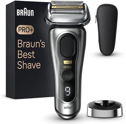 Aparat de ras Braun Series 9 Pro+ pentru barbati, aparat de ras electric cu 5 elemente de ras Pro, aparat de tuns par lung ProTrimmer, statie de incarcare, timp de functionare 60 min, umed si uscat, 9517s, argintiu