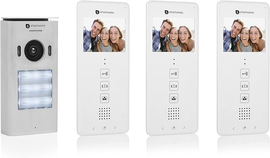 Sistem video interfon Smartwares DIC-22132 pentru 3 unități rezidențiale, monitor LCD de 3,5 inchi (8,9 cm)/cu funcție de deschidere a ușii/tehnologie cu 2 fire, argintiu
