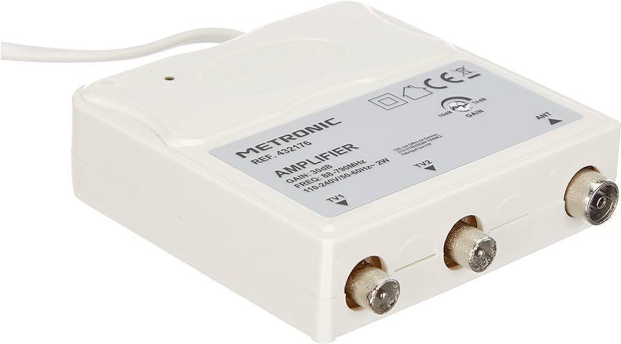 Metronic 432176 - Amplificator de interior cu reglare amplificare FM-UHF, amplificare reglabila pana la 30 dB, protectie 4G, prize TV, diametru 9,52 mm, culoare: alb