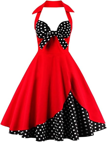 IWEMEK Rochii Rockabilly Retro Vintage Ani 1950 pentru Femei, Elegante de Vară, Jupon până la genunchi, Rochii de seară Rochii de petrecere Rochii de cocktail Fusta plisată Buline roșii