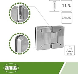 Amig | Balamă plată mobilă din Zamak | 88 x 54mm | Model C | Placat cu crom lucios | Potrivit pentru cabină de duș din sticlă | 8-12 mm grosime | Sarcina maxima per pereche 35 kg