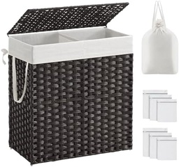 Cos de rufe SONGMICS cu capac, cos de rufe 110 litri, 2 compartimente, geanta de rufe detasabila cu manere, tesuta manual, pentru dormitor, baie, 33 x 57 x 60 cm, negru LCB252B01